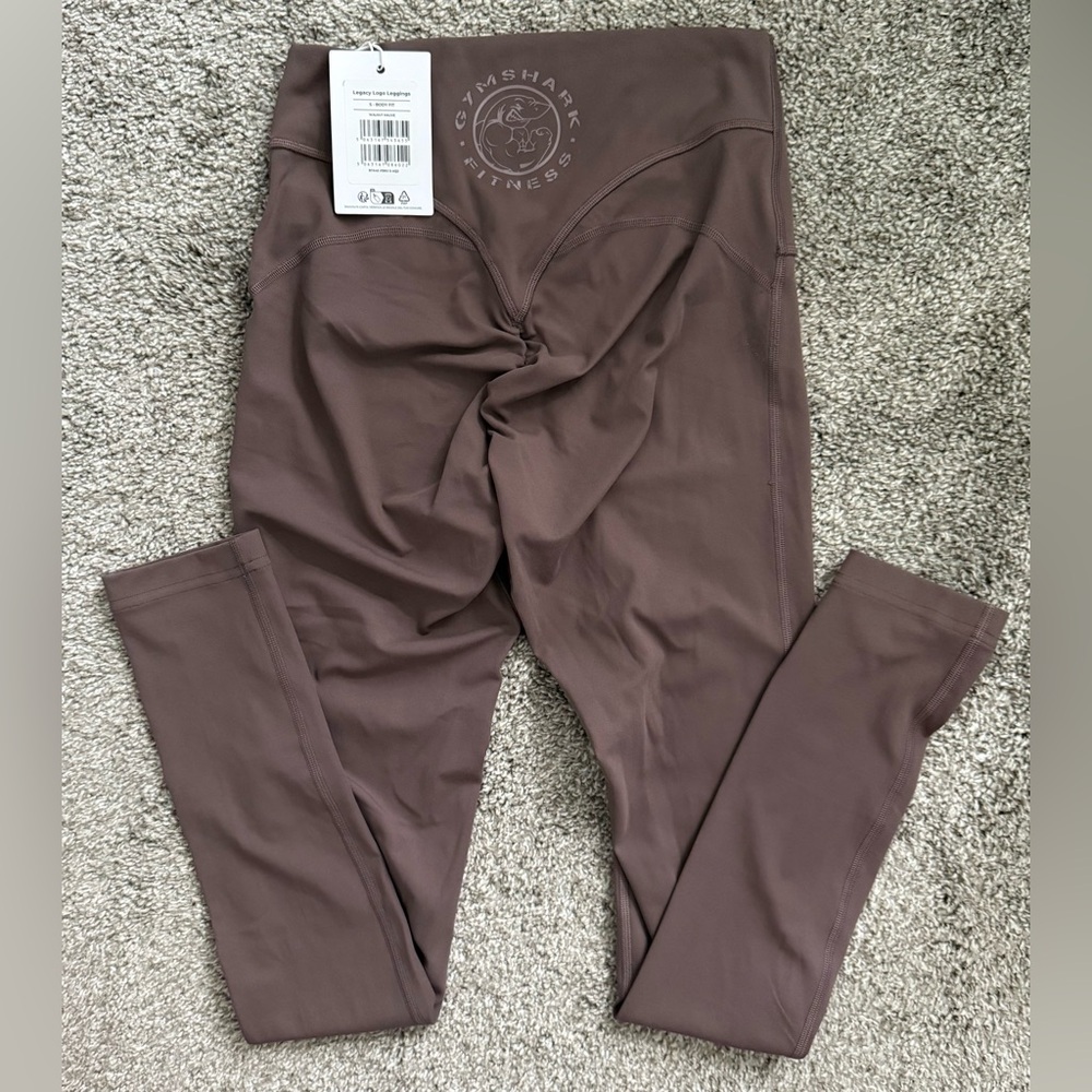 NWT GYMSHARK WALNUT BROWN LEGACY LOGO BUTT SCRUNCH LEGGINGS SMALL $54MSRP